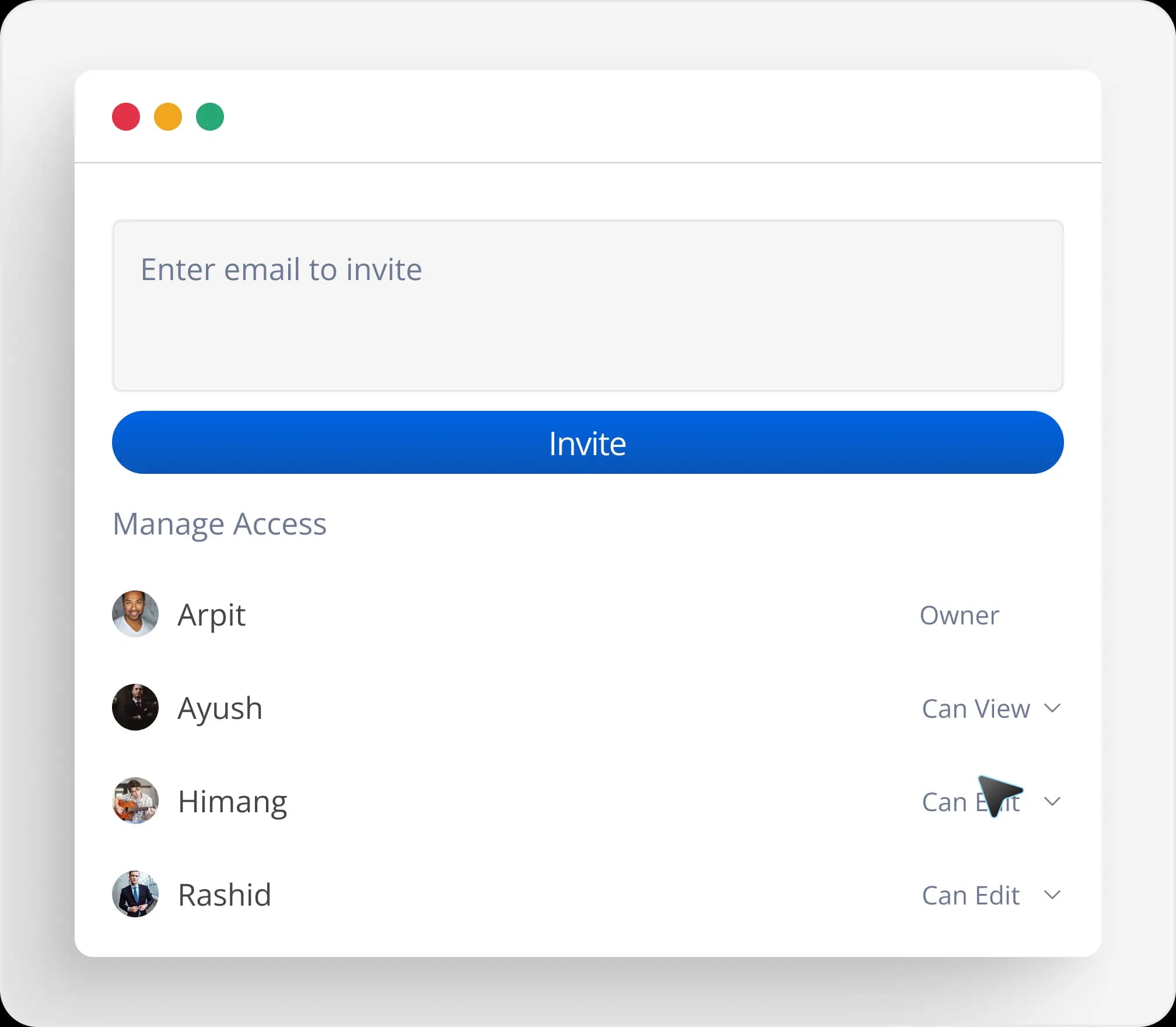 Role-based access control in SkillBrew code collab — invite peers assign edit or view permissions