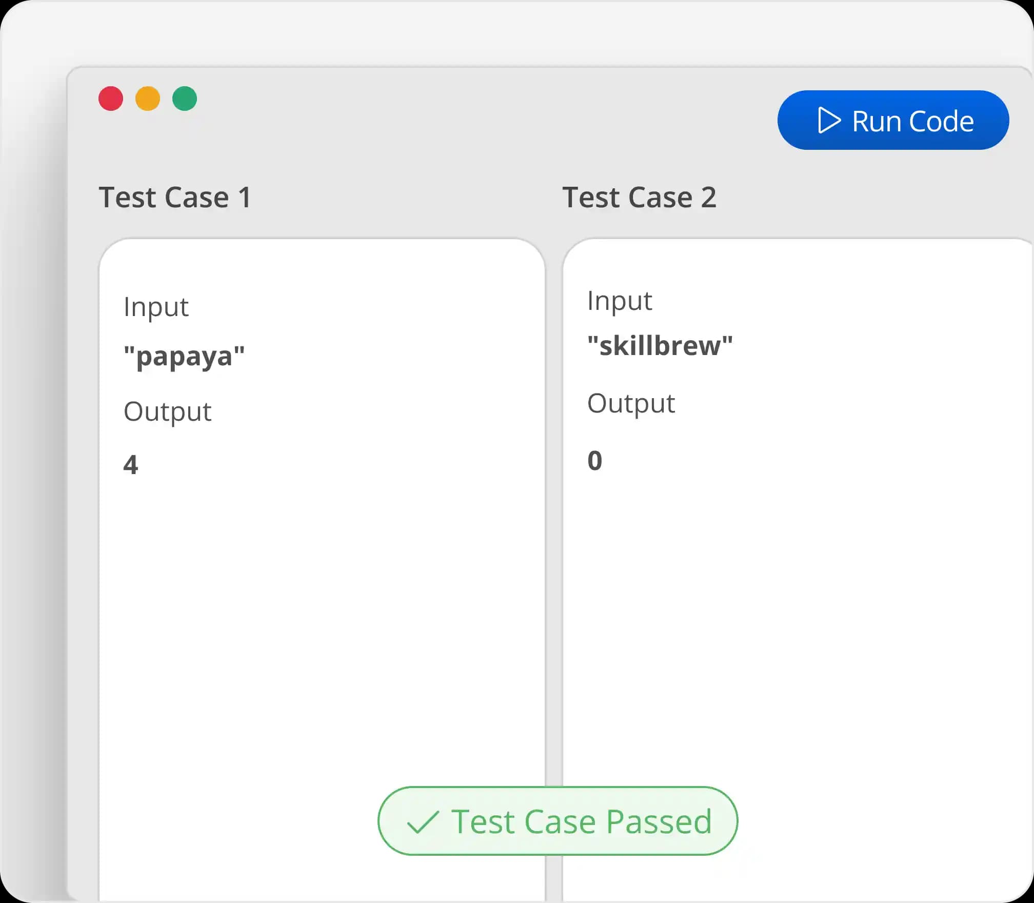 Run code with custom test cases in SkillBrew code collab — test case passed result shown