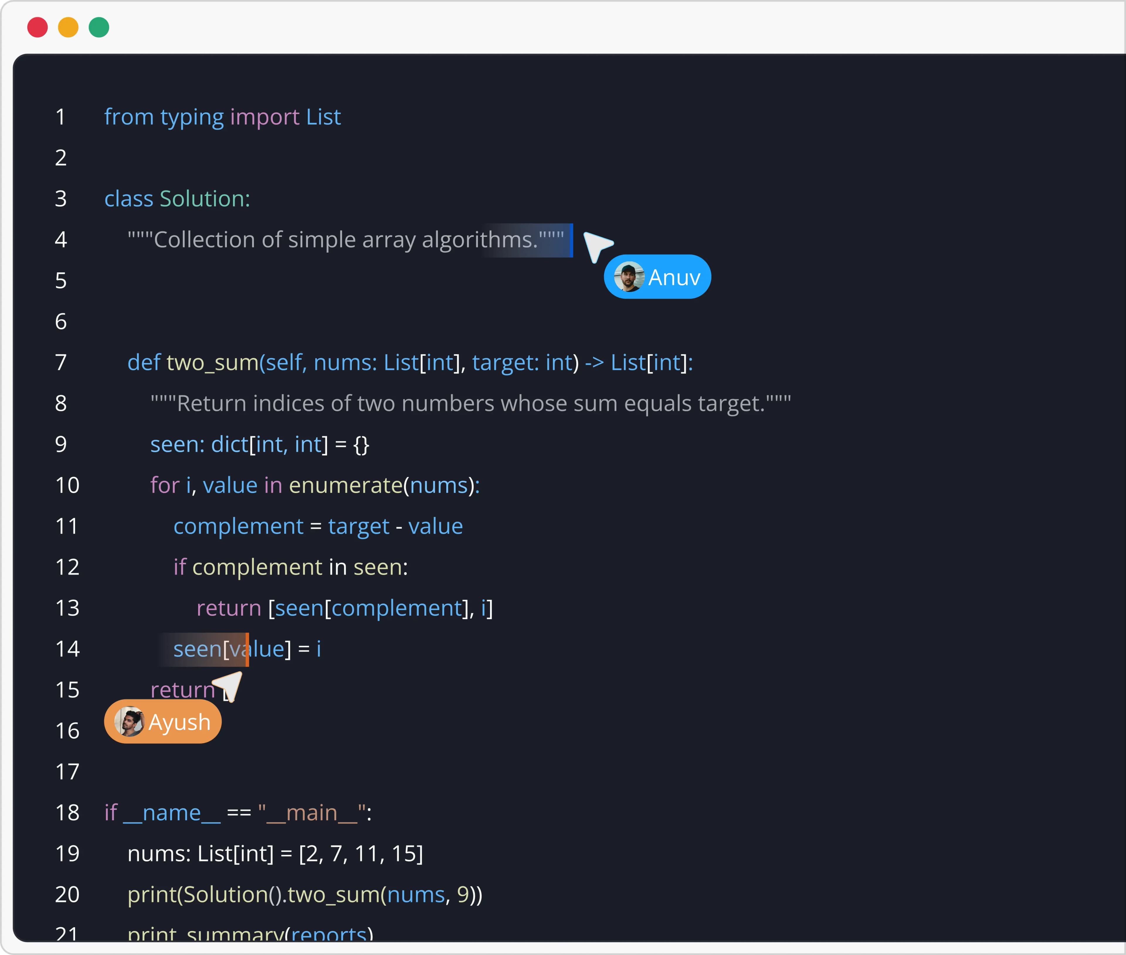 Real-time code collab editor showing live pair programming session on SkillBrew.AI