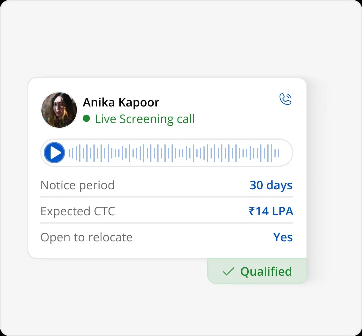 BrewVoice AI voice screening call with candidate profile, audio waveform, notice period, and qualified badge