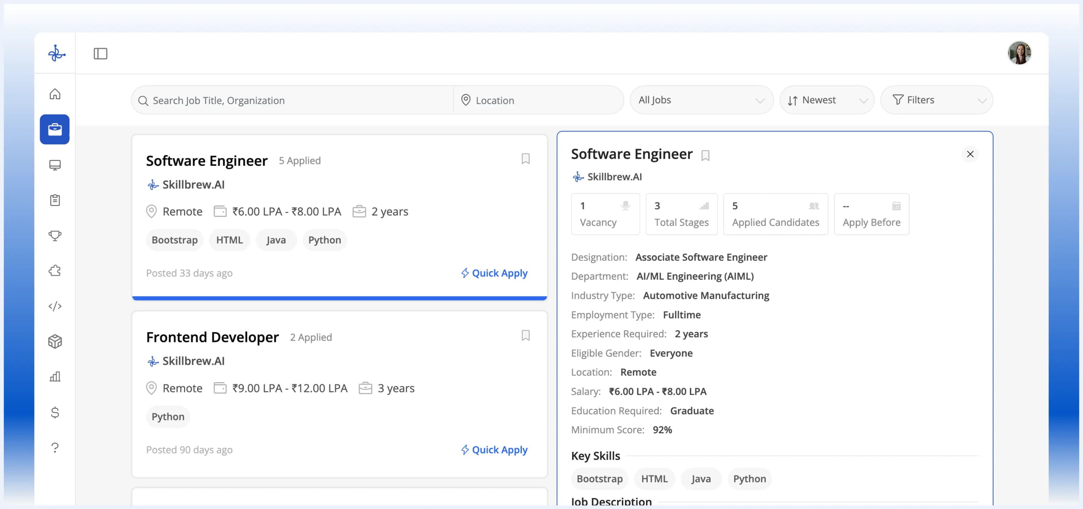 Job search and placement preparation platform showing developer roles on SkillBrew.AI