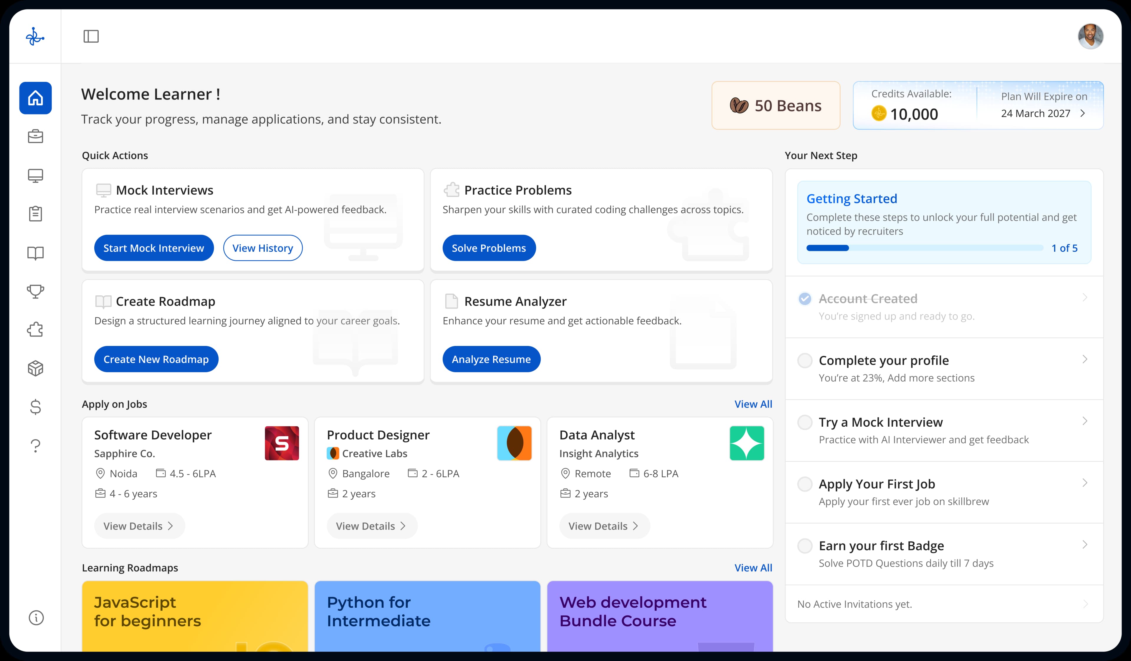 SkillBrew.AI placement preparation platform dashboard showing coding practice, mock interviews, and learning roadmap.